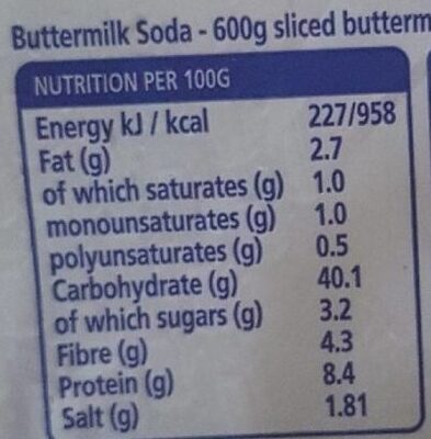 Sliced buttermilk soda yeast free - Nutrition facts