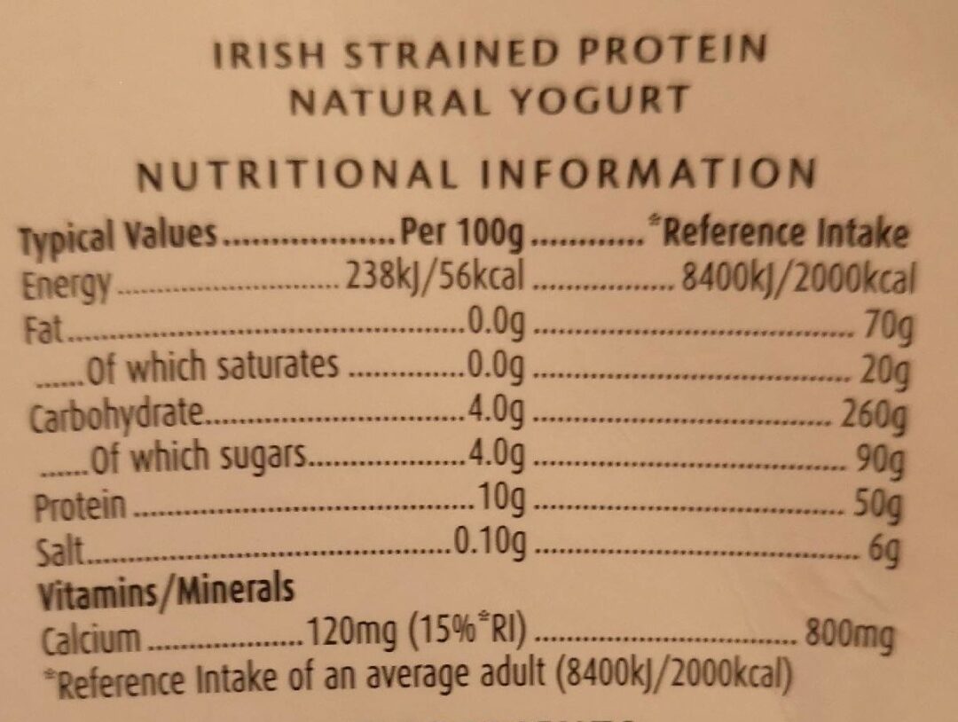 Irish strained protein yogurt 0% fat - Nutrition facts - en