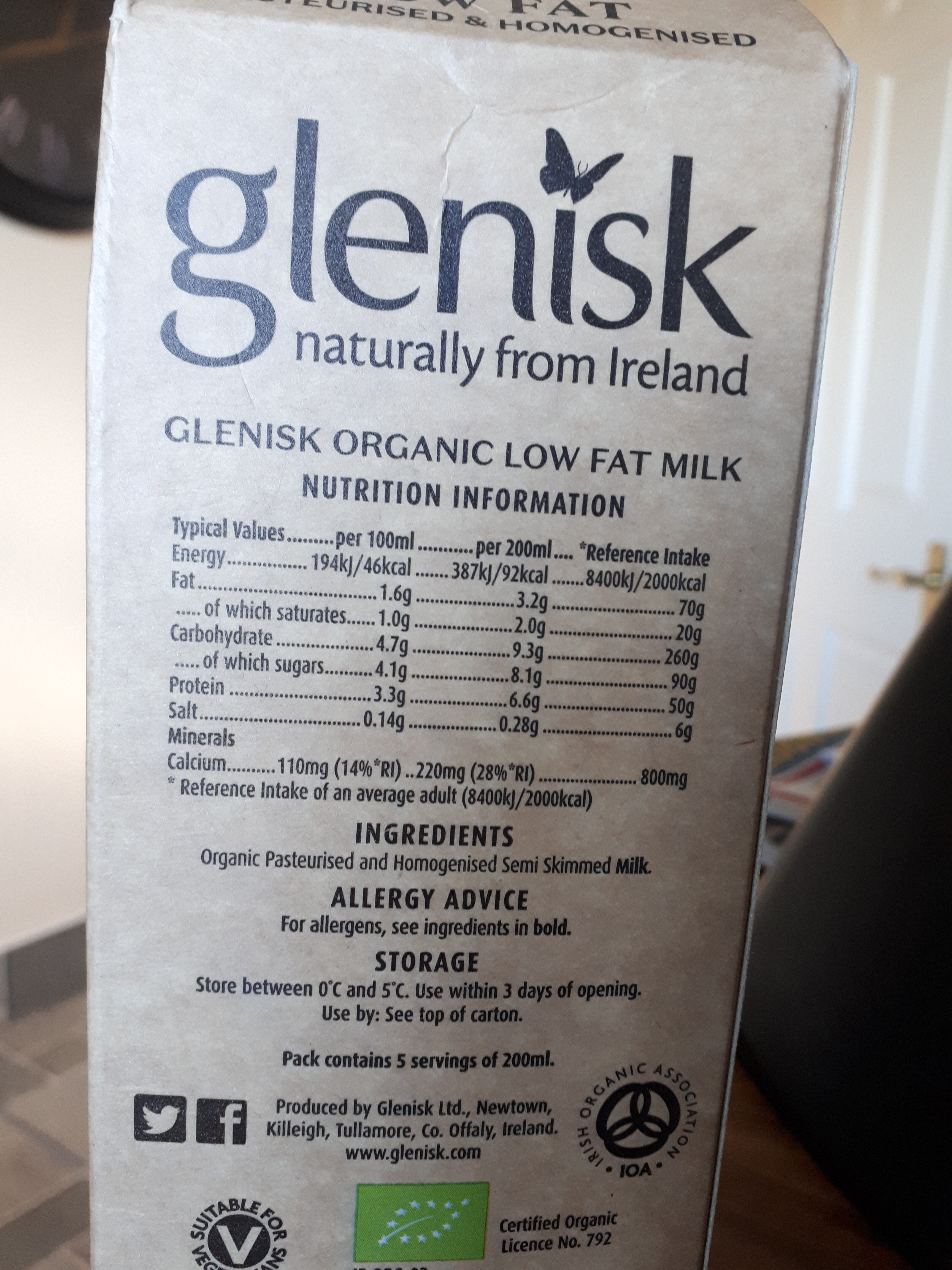glenisk organic milk low fat - Ingredients - en