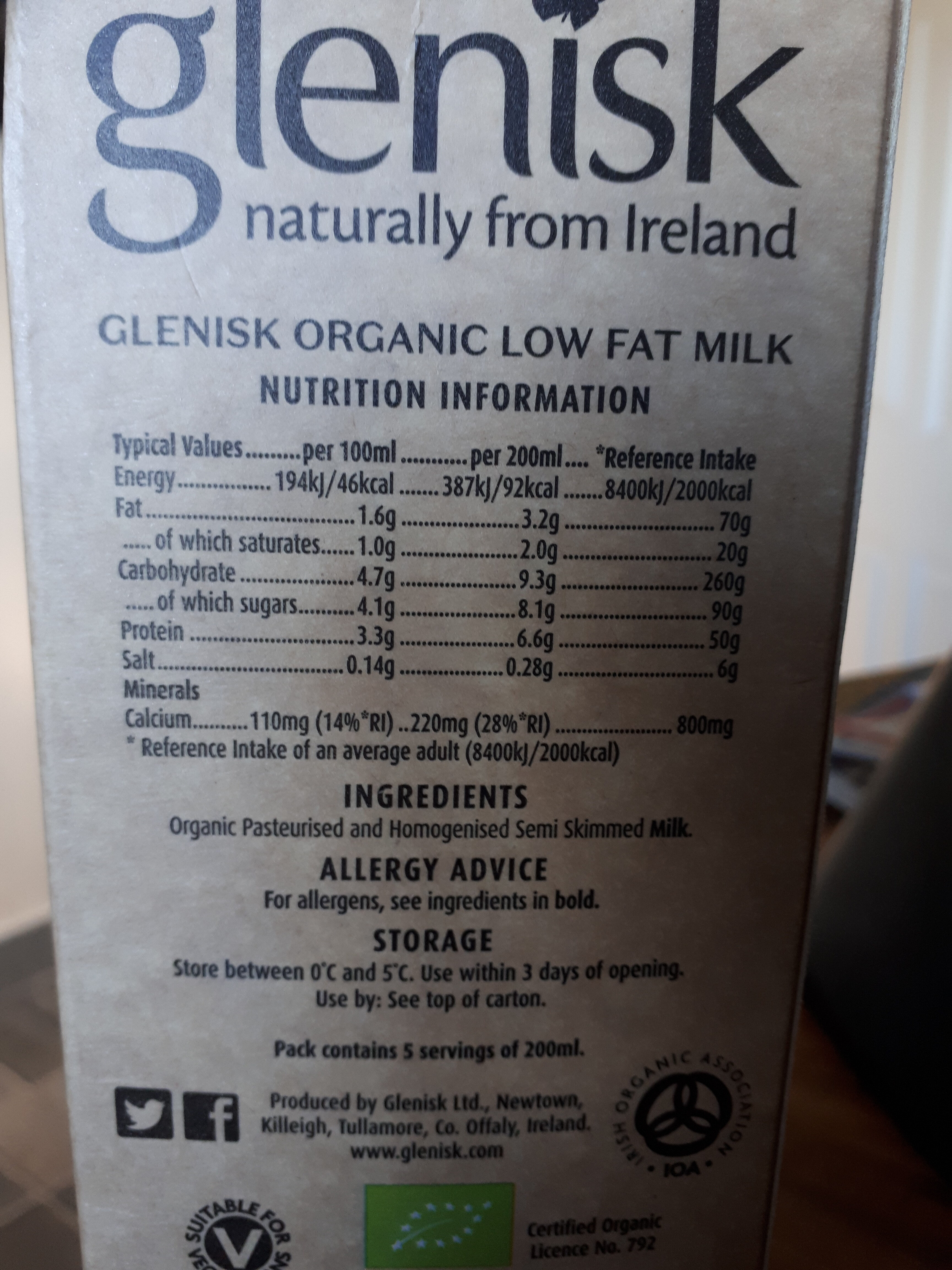 glenisk organic milk low fat - Nutrition facts - en