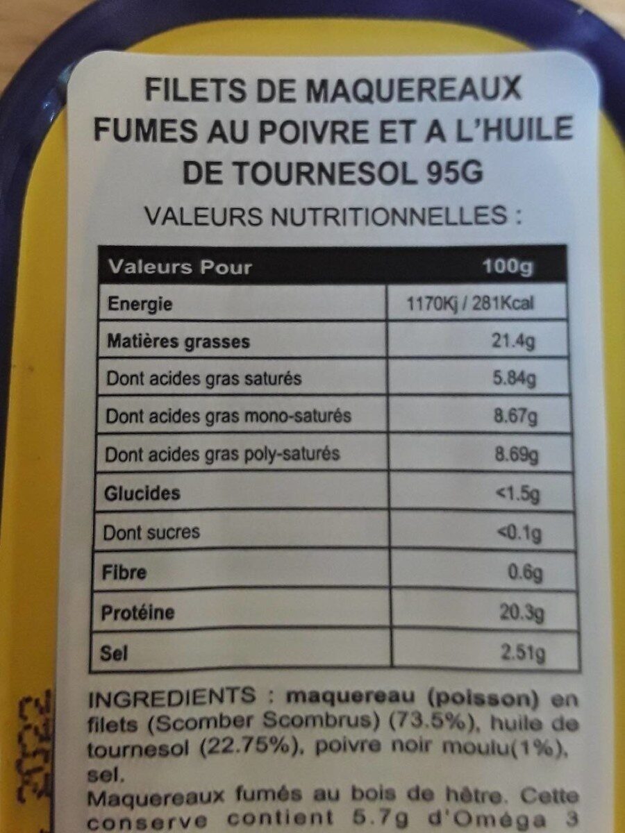 Irish peppered mackerel fillets in sunflower oil - Nutrition facts - fr